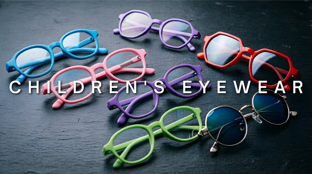 FuzWeb Children's Eyewear Collection featuring colorful TR90 and titanium frames in round, square, oval, and octagon shapes with spring hinges and polarized sunglasses for kids on dark textured background