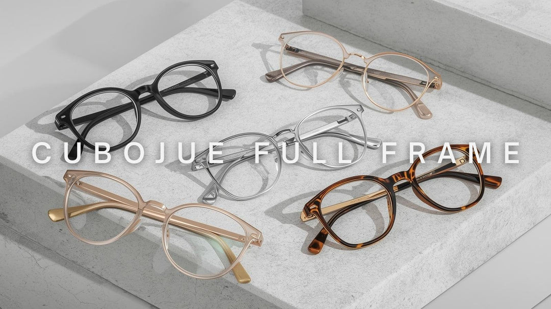 FuzWeb Cubojue full frame reading glasses: titanium and alloy frames in classic and oversized styles, lightweight sturdy construction on soft neutral background.