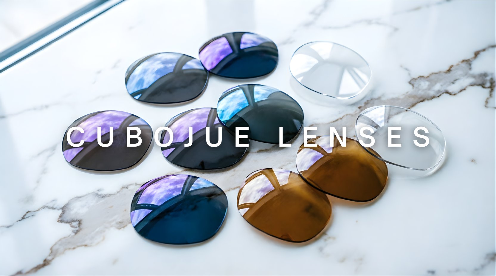 FuzWeb Cubojue lenses: photochromic adaptive lenses with blue light protection and night vision technology on white marble surface.
