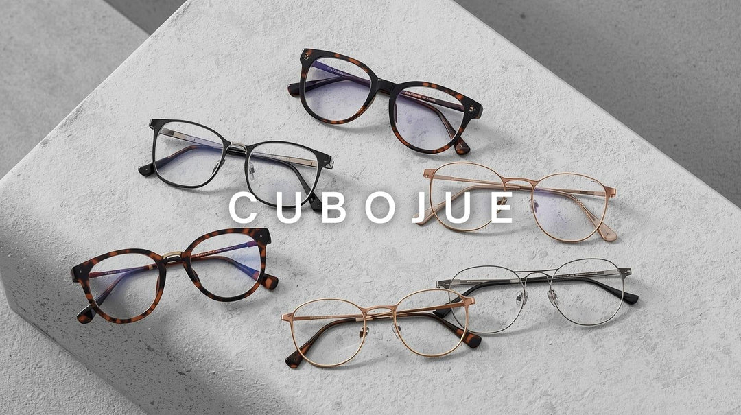 FuzWeb Cubojue reading glasses: premium acetate and titanium frames in round, oval, cat-eye styles with double bridge design, unisex reading eyewear on soft gray background.