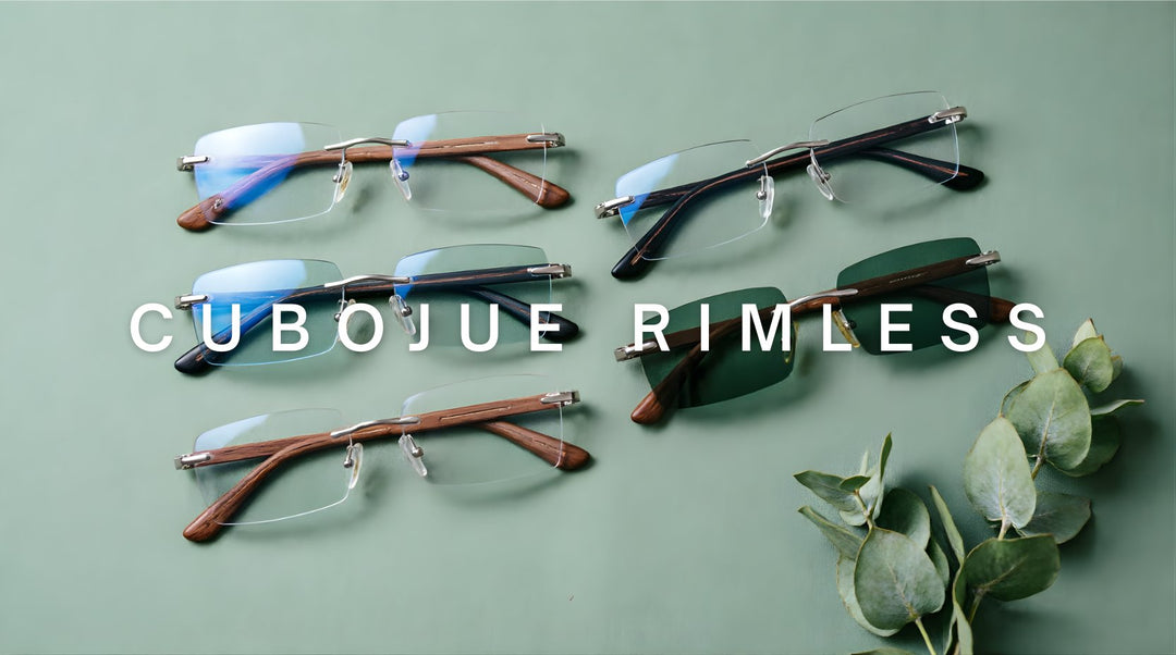 FuzWeb Cubojue rimless reading glasses: wooden temple TR90 titanium frames with anti-blue and dark green lenses on smooth sage green background.