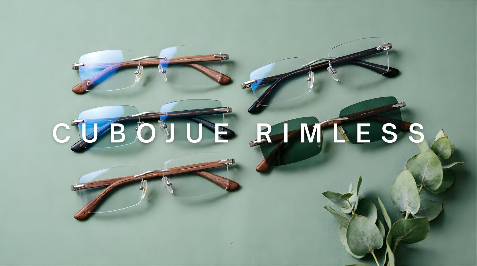 FuzWeb Cubojue rimless reading glasses: wooden temple TR90 titanium frames with anti-blue and dark green lenses on smooth sage green background.