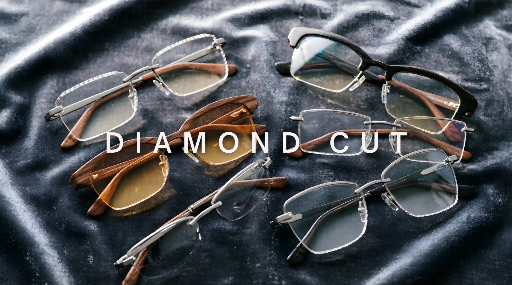 FuzWeb Diamond Cut eyewear: premium titanium and wood rimless frames with gradient-tinted lenses in rectangular, oval, cat-eye styles on charcoal velvet.
