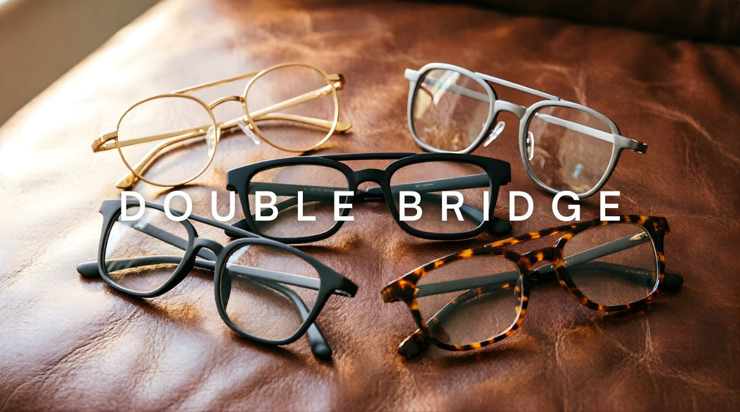 FuzWeb double bridge eyeglasses: titanium and TR90 full-rim frames featuring distinct double-bar nose bridge design for adults and kids on cognac leather background.
