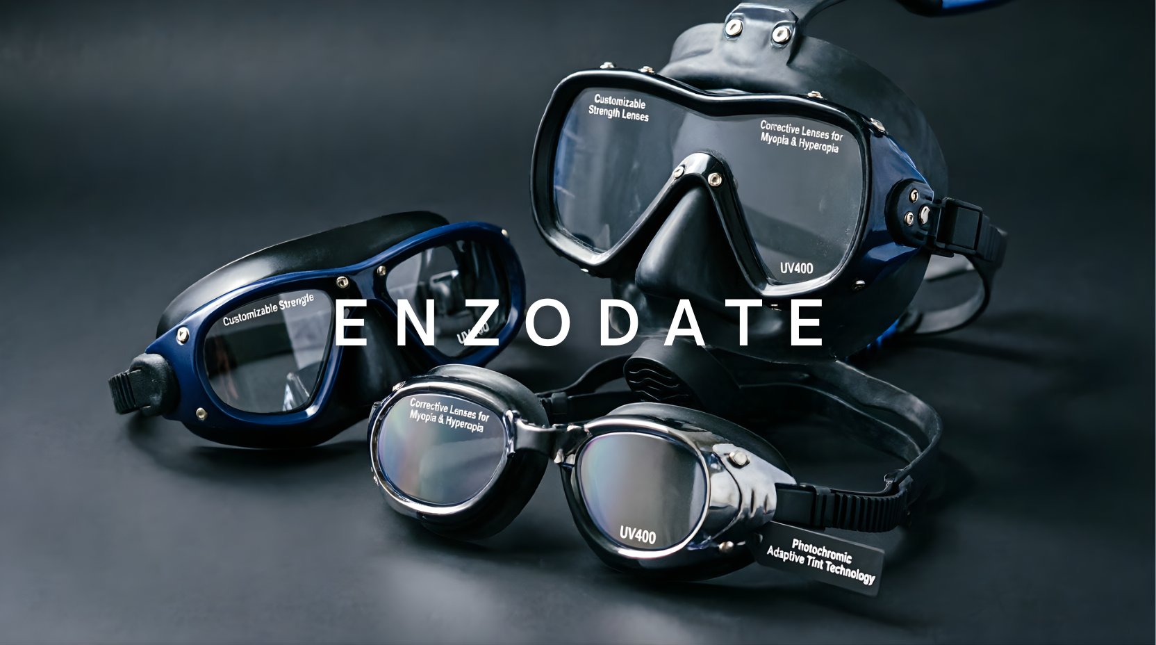 FuzWeb Enzodate Collection: swim goggles & snorkel masks with customizable corrective lenses, photochromic & anti-fog UV400 protection.
