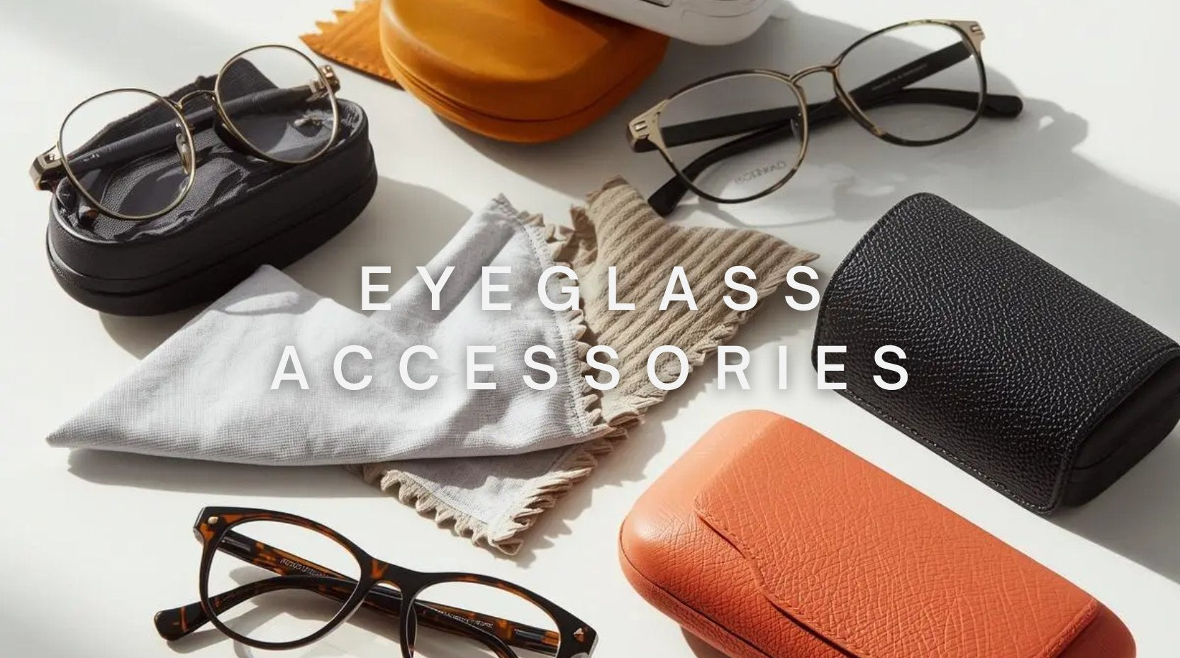 FuzWeb Eyeglass Accessories: anti-fog lens cloths, storage cases in 22 variants, leather belt case & precision screwdriver set.