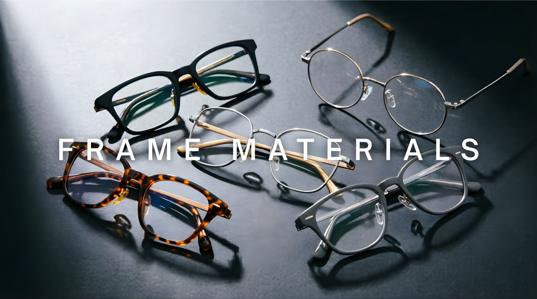 FuzWeb frame materials collection featuring premium acetate alloy, IP titanium, and titanium eyeglasses in full rim square, round, irregular, and cat-eye styles displayed in artistic pattern on dark background