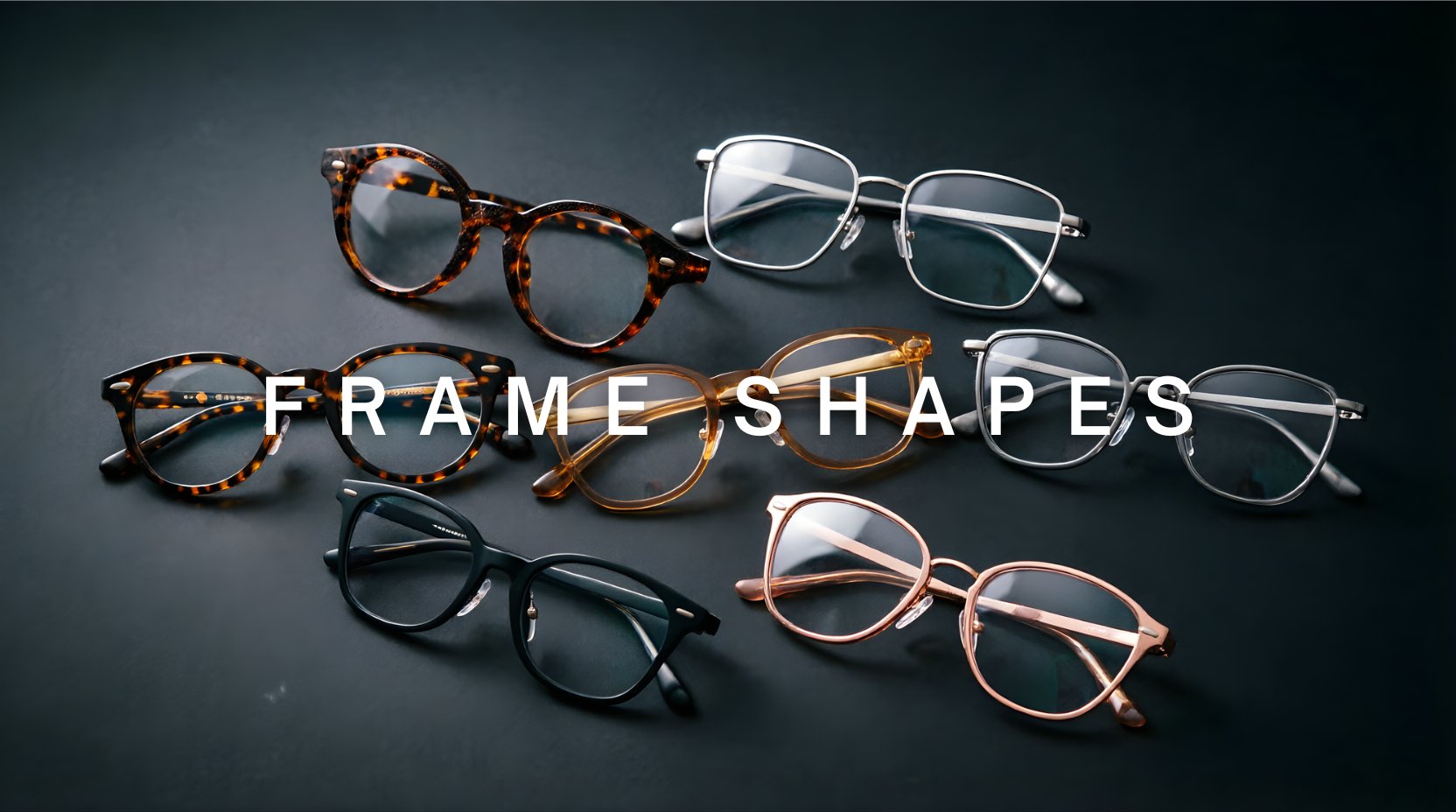 FuzWeb frame shapes collection featuring round, square, irregular, and cat-eye eyeglasses in full-rim and rimless styles crafted from acetate, titanium, and alloy, artistically arranged on dark charcoal background