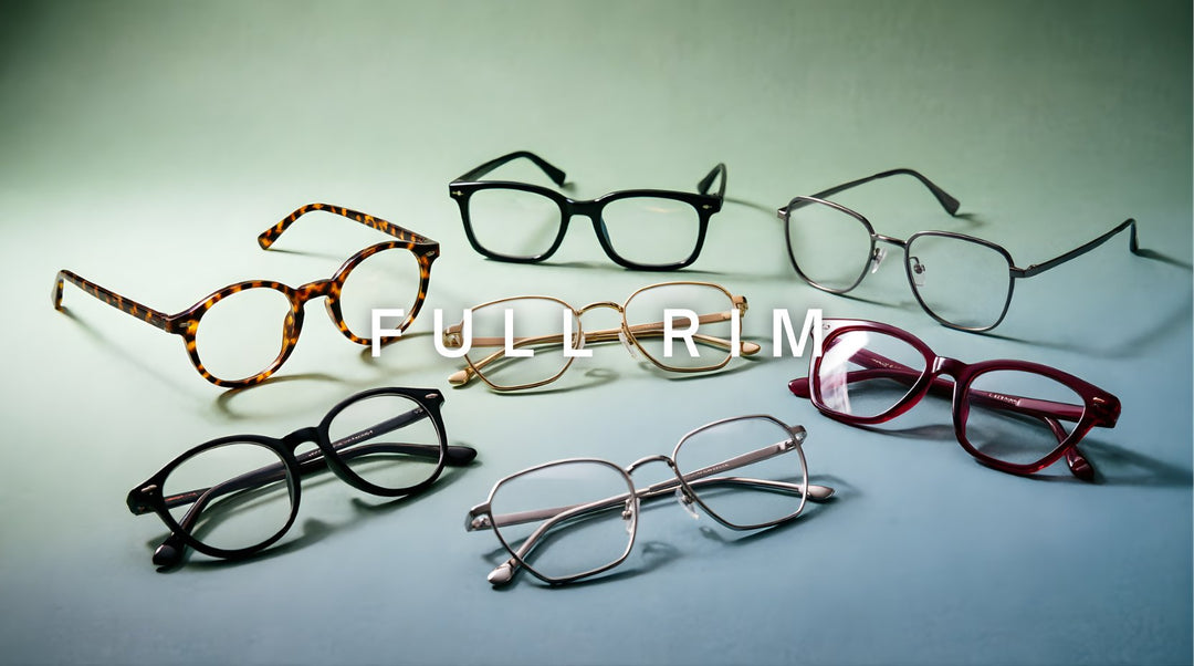 FuzWeb full rim eyeglasses collection featuring round, square, irregular, and cat-eye frames in acetate, titanium, and alloy on sage-green to blue gradient background
