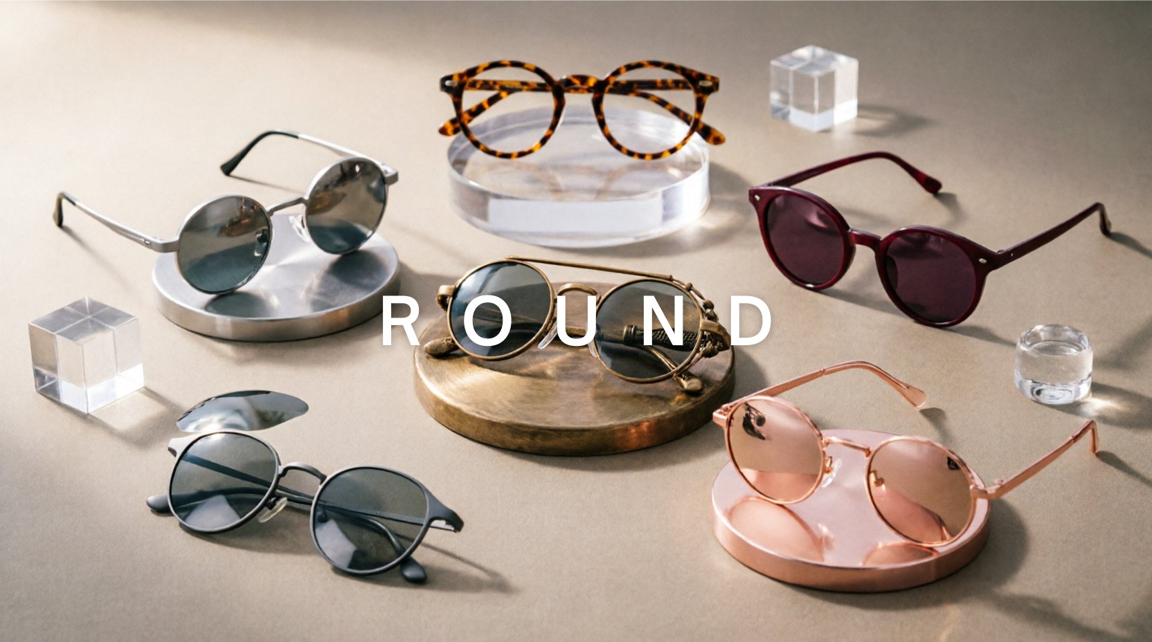 FuzWeb Round collection featuring titanium alloy TR90 polarized eyeglasses and sunglasses in small cat-eye steampunk semi-rim styles on sandstone-gray studio background with soft diffused lighting
