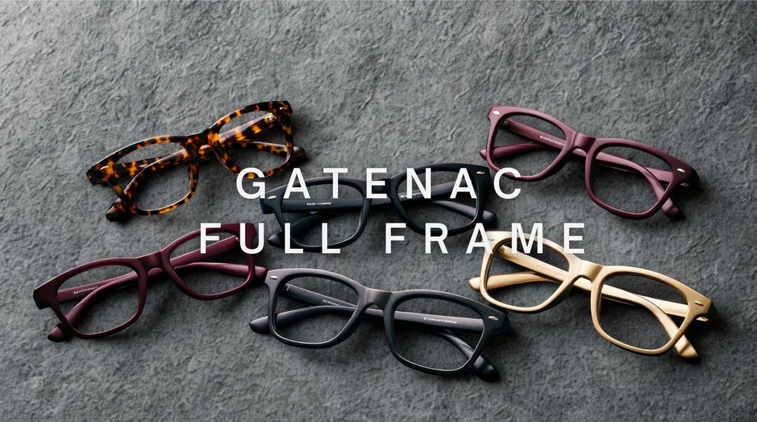 FuzWeb Gatenac full frame collection featuring thick acetate and titanium eyeglasses in tortoise, black, burgundy, gunmetal, and gold on navy blue geometric gradient background