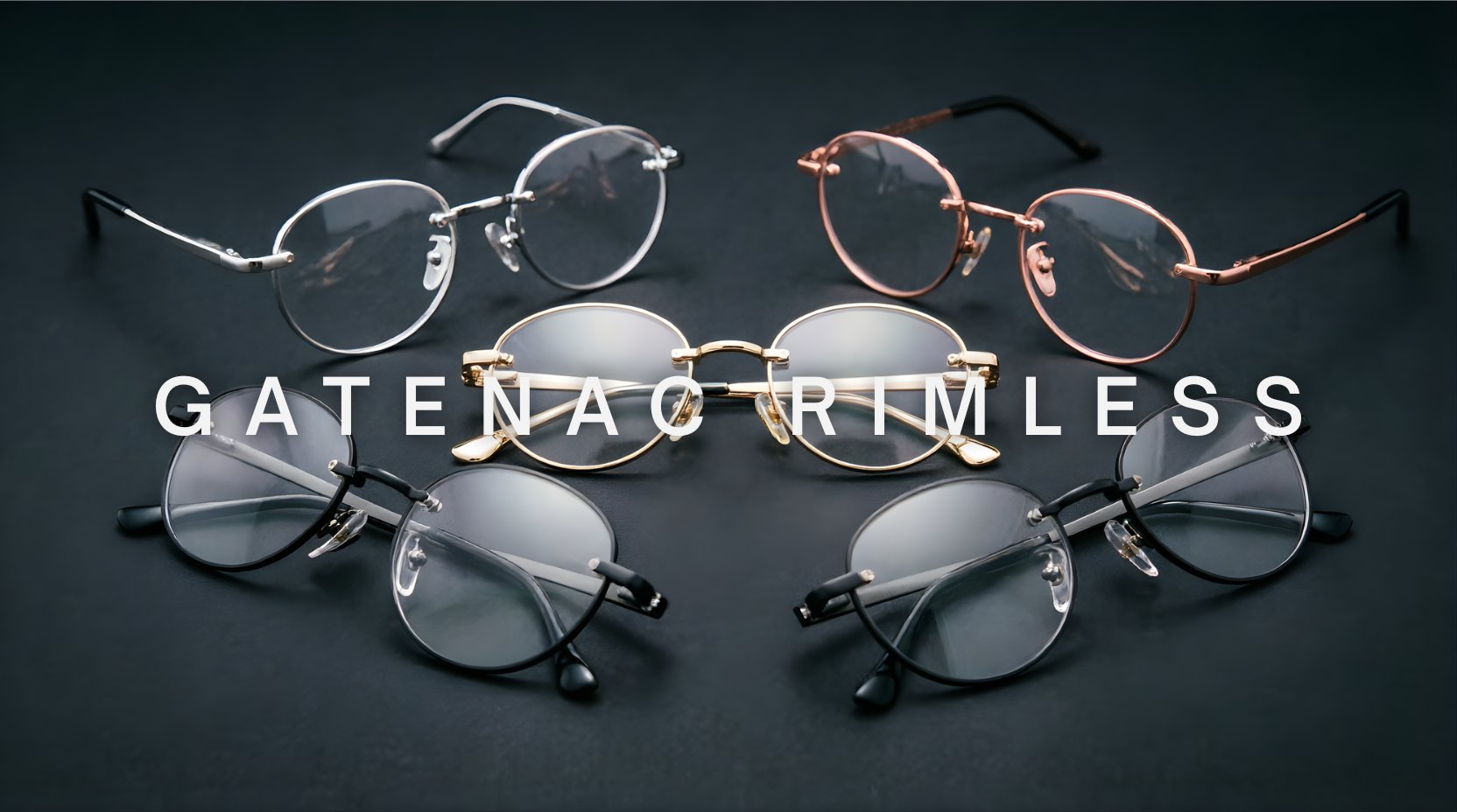FuzWeb Gatenac rimless collection featuring ultra-lightweight round titanium eyeglasses in silver, rose gold, champagne gold, gunmetal, and black on dark charcoal gray minimalistic studio background