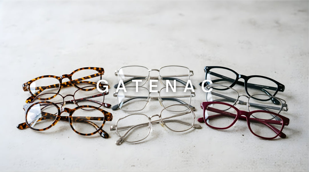 FuzWeb Gatenac unisex eyeglasses collection featuring full rim round acetate titanium and rimless frames in tortoise shell, silver, black, gunmetal, and burgundy on light textured background
