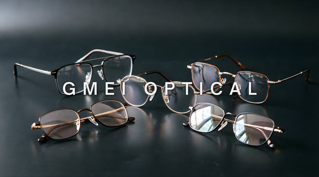 FuzWeb Gmei Optical collection featuring full-rim semi-rim and rimless eyeglasses in titanium alloy and TR90 materials on dark charcoal studio background with soft natural lighting