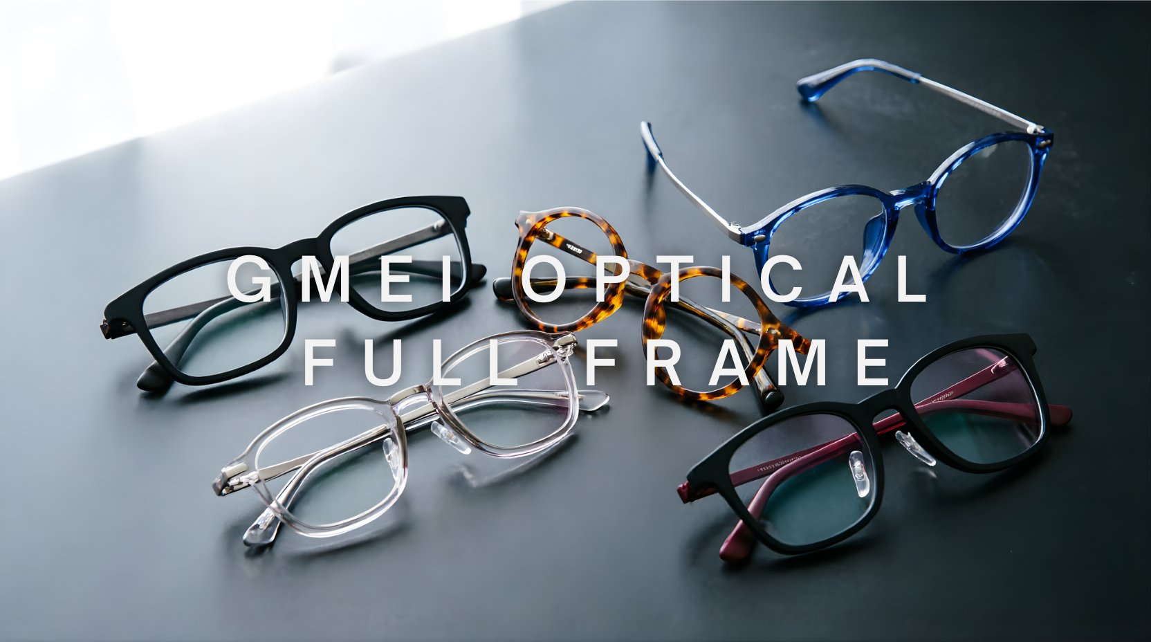 FuzWeb Gmei Optical full frame collection featuring TR90 and titanium eyeglasses in square, round, and hybrid designs on dark charcoal studio background with soft natural lighting