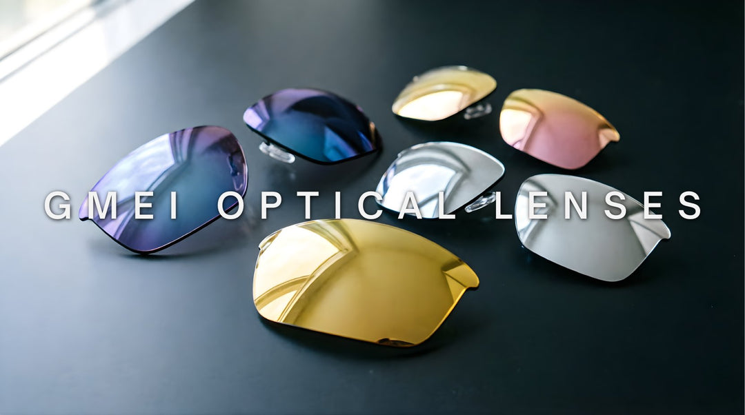 FuzWeb Gmei Optical lenses collection featuring anti-blue light photochromic, polarized mirror, night vision yellow, and progressive lenses on dark charcoal studio background with natural lighting