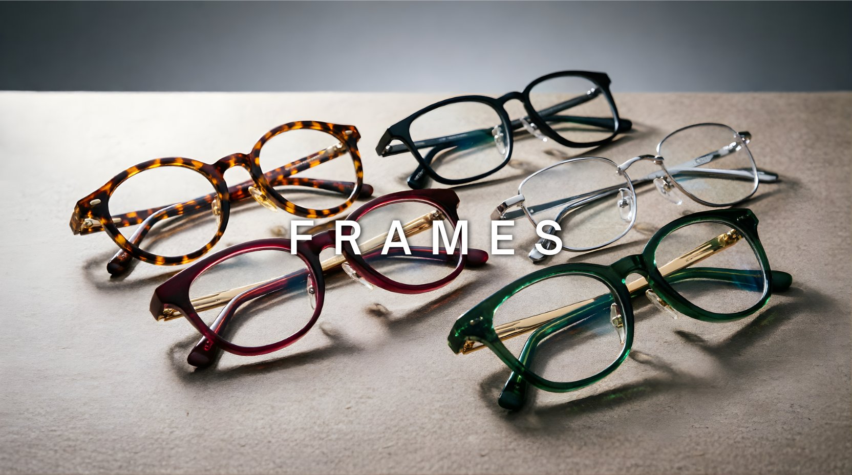 FuzWeb frames collection featuring handcrafted round, square, full-rim and rimless eyeglasses in acetate, titanium, and alloy materials displayed on warm gradient background with tortoise shell, burgundy, emerald green, black, and silver frames