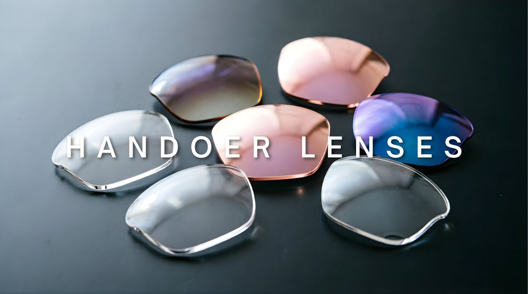 FuzWeb Handoer lenses collection featuring single vision progressive aspheric polarized and anti-blue light lenses on deep charcoal studio background with natural lighting