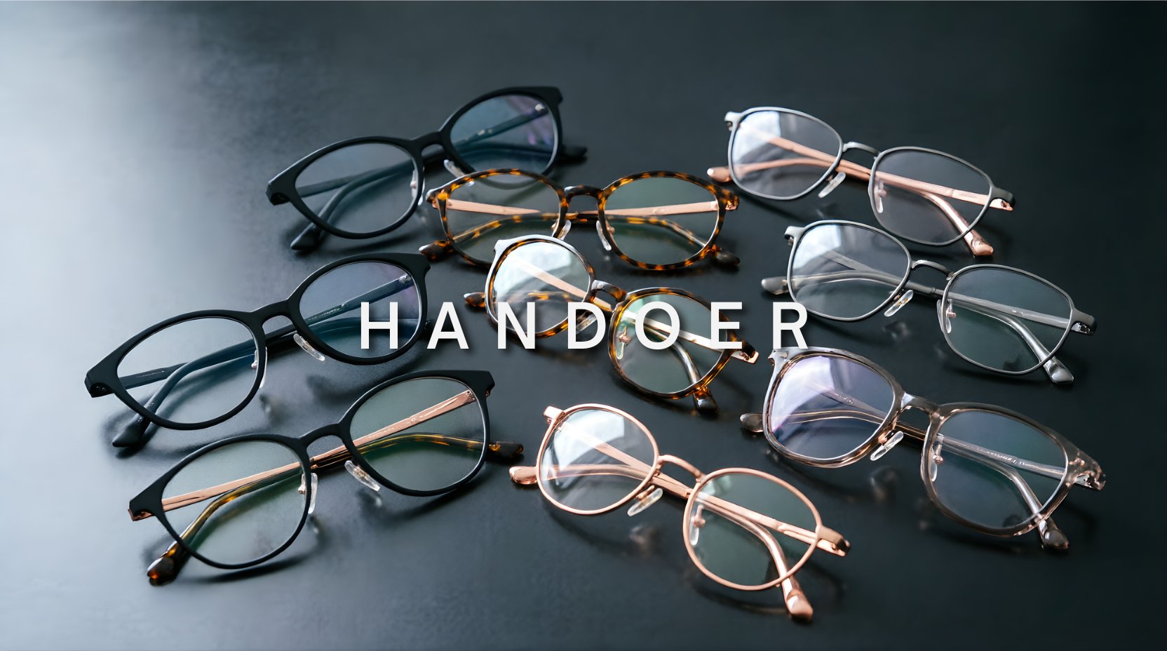 FuzWeb Handoer reading glasses collection featuring photochromic thin frames in cat-eye, oval, polygon, round, and square styles made from TR90 titanium on dark charcoal studio background with natural lighting