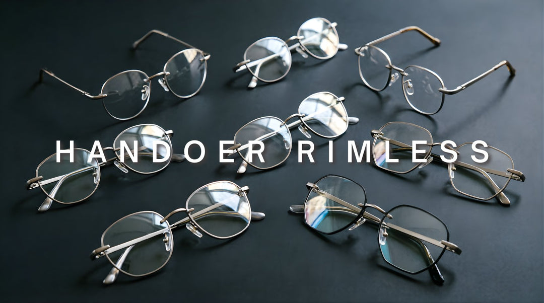 FuzWeb Handoer rimless collection featuring ultra-lightweight titanium eyeglasses in round oval square and polygon shapes on deep charcoal studio background with natural lighting
