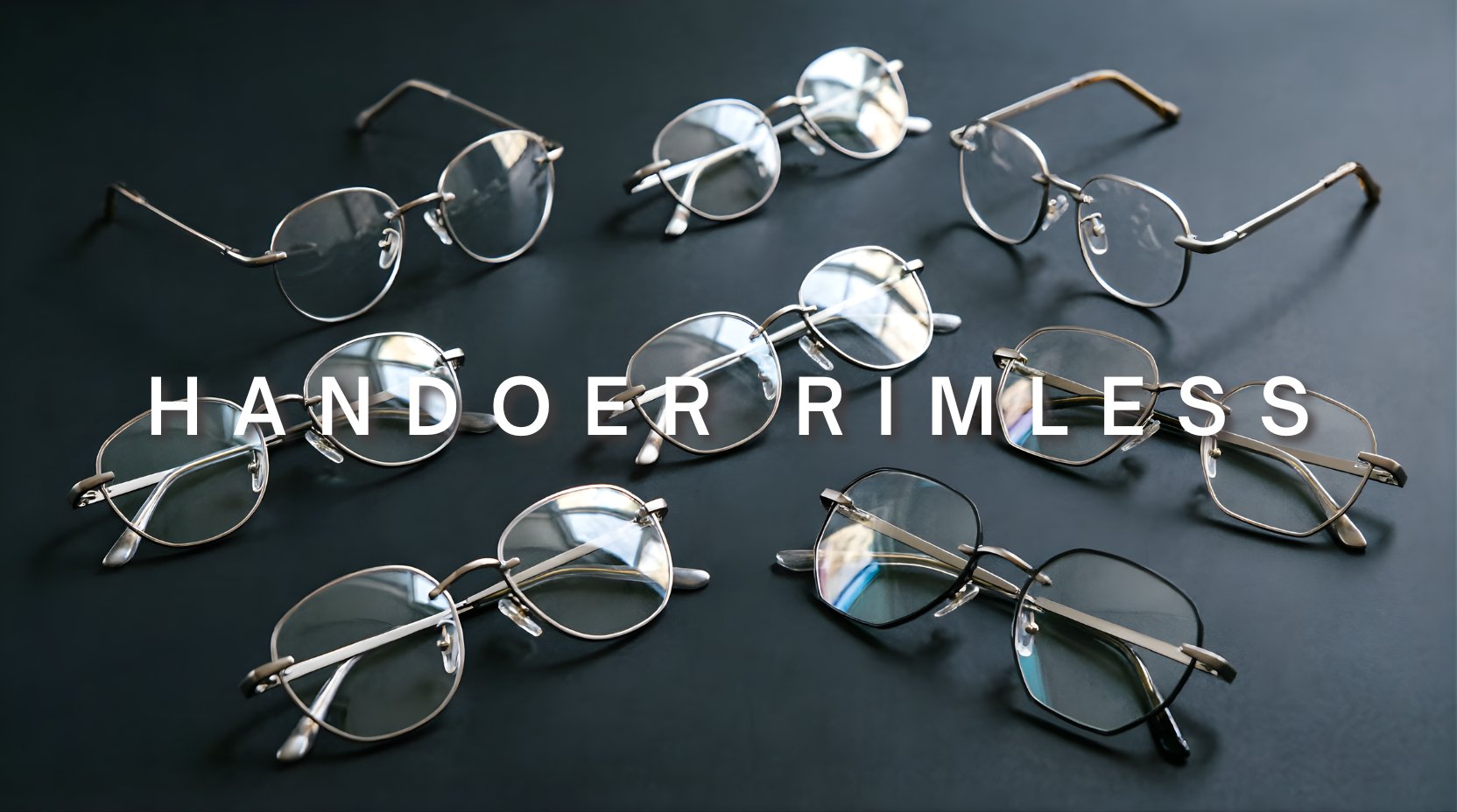 FuzWeb Handoer rimless collection featuring ultra-lightweight titanium eyeglasses in round oval square and polygon shapes on deep charcoal studio background with natural lighting