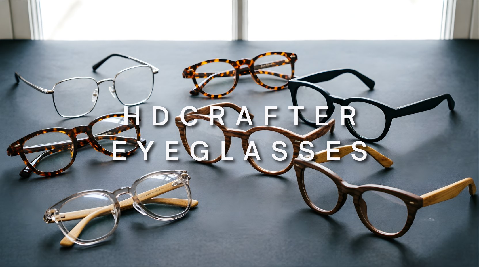 FuzWeb Hdcrafter eyeglasses collection featuring titanium acetate and wood frames in semi-rim square full rim round and cat-eye styles on deep charcoal studio background with natural lighting