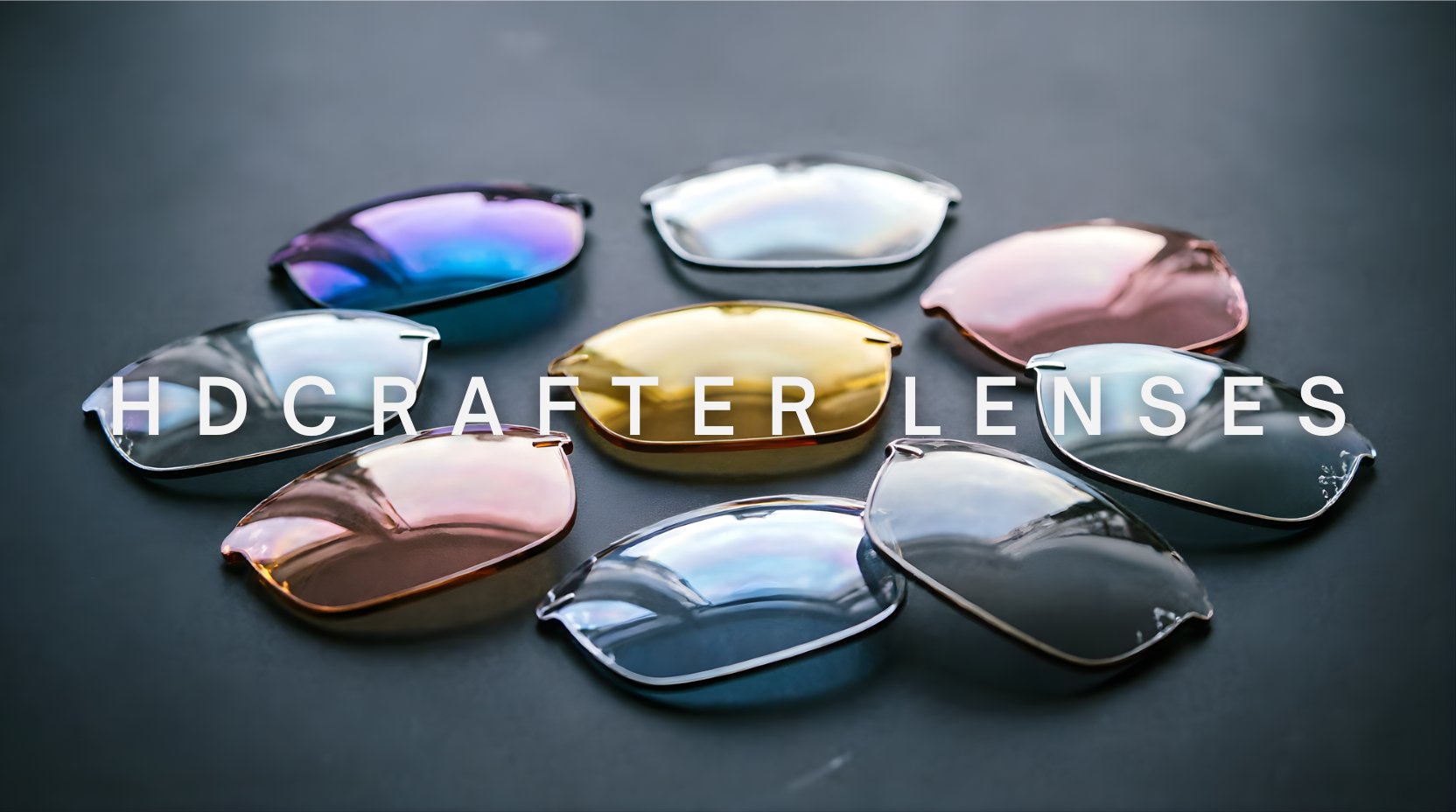FuzWeb Hdcrafter lenses collection featuring progressive anti-blue light high-index and polycarbonate colored lenses in amber rose gray and blue on deep charcoal studio background with natural lighting