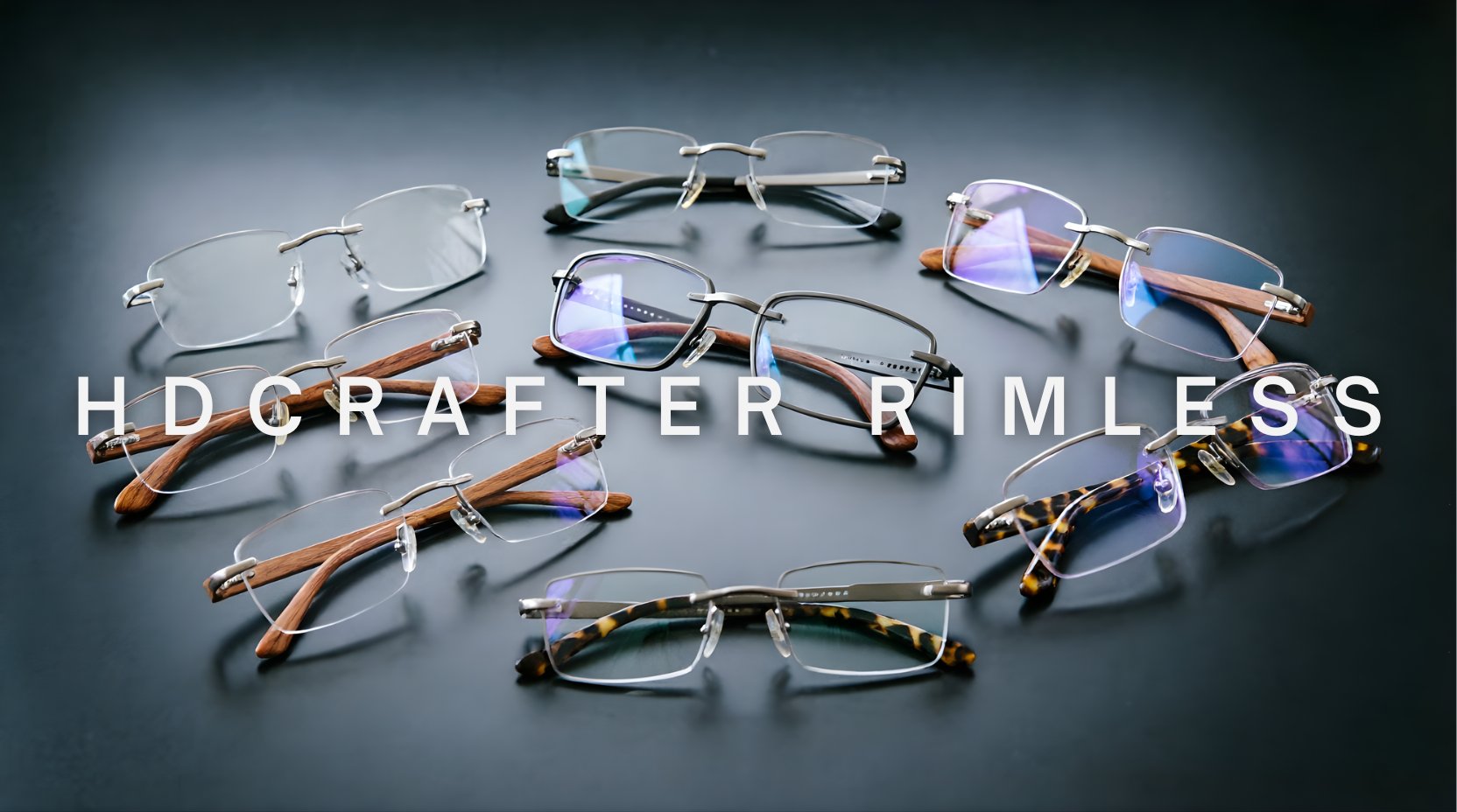 FuzWeb Hdcrafter rimless collection featuring titanium alloy and horn temple eyeglasses with clear and anti-blue light lenses on deep charcoal studio background with natural lighting