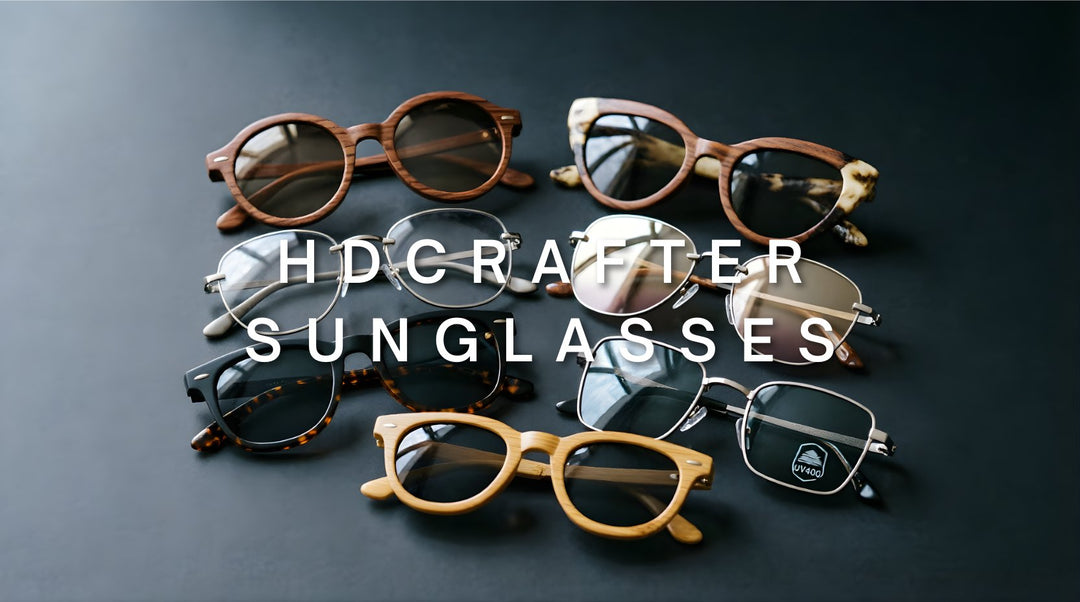 FuzWeb Hdcrafter sunglasses collection featuring polarized wooden acetate bamboo horn and titanium frames in round cat-eye rimless and full-rim styles on deep charcoal studio background with natural lighting
