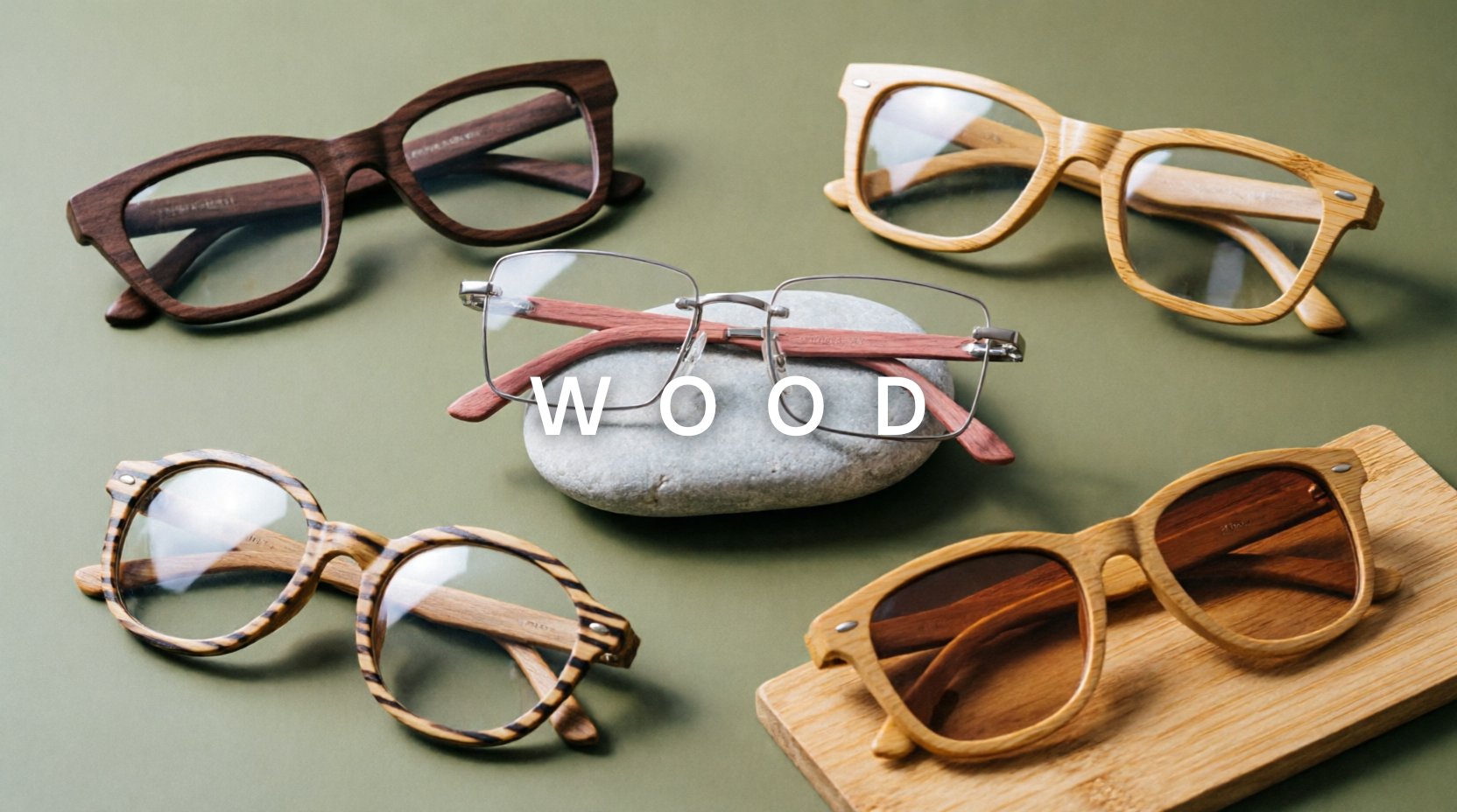 FuzWeb Wood collection featuring bamboo walnut rose wood eyeglasses and polarized sunglasses in square cat-eye rimless oversized styles on olive-green gray studio background with natural lighting