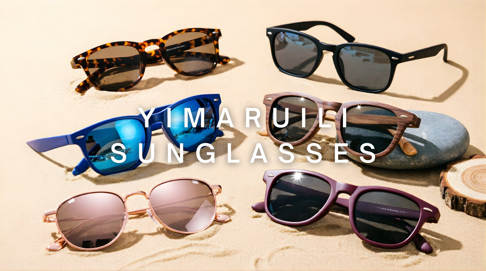FuzWeb Yimaruili sunglasses collection featuring polarized acetate alloy wood eyewear in full-rim semi-rim double bridge and sports styles on sand-beige studio background with bright natural lighting