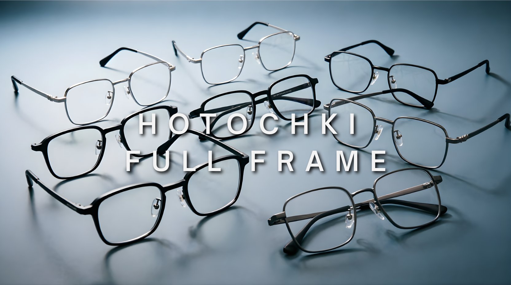 FuzWeb Hotochki full frame collection featuring titanium and aluminum alloy square eyeglasses on medium slate blue-gray studio background with natural lighting