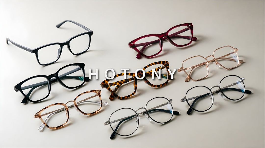 FuzWeb Hotony eyeglasses collection featuring TR90 titanium alloy and acetate frames in square polygon triangle cat-eye round and irregular styles on light warm gray studio background with natural lighting