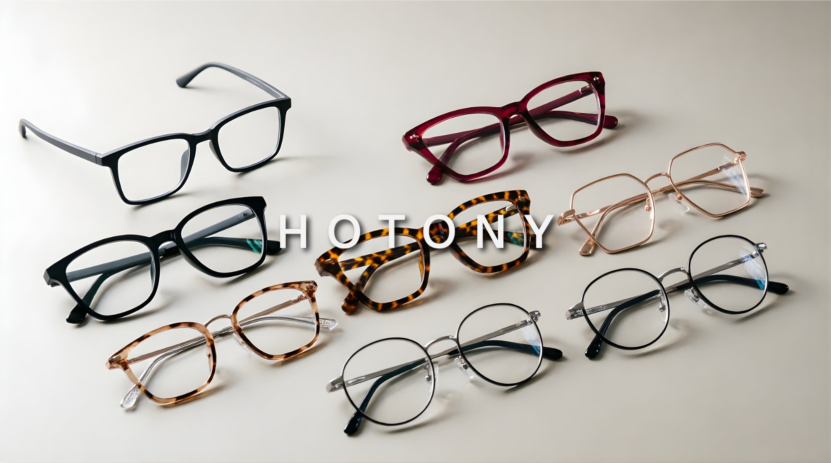 FuzWeb Hotony eyeglasses collection featuring TR90 titanium alloy and acetate frames in square polygon triangle cat-eye round and irregular styles on light warm gray studio background with natural lighting