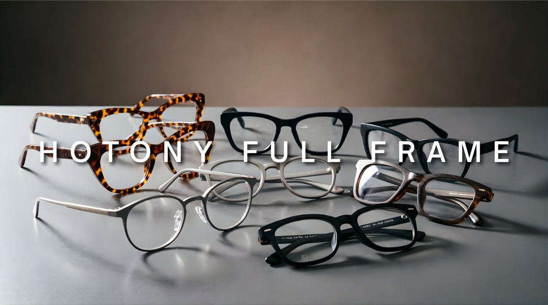 FuzWeb Hotony full frame collection featuring acetate and alloy eyeglasses in cat-eye round and square styles on deep warm taupe-gray studio background with natural lighting