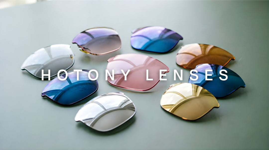 FuzWeb Hotony lenses collection featuring photochromic polarized anti-blue light and mirror lenses in single vision and progressive styles on soft sage green-gray studio background with natural lighting