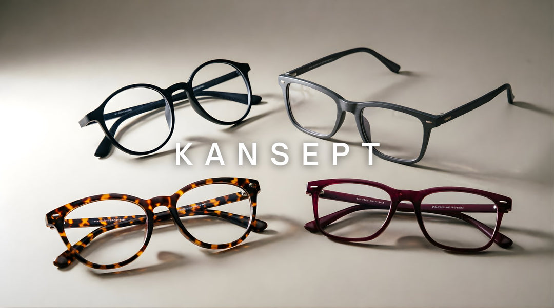 FuzWeb Kansept eyeglasses collection featuring TR90 titanium stainless steel acetate frames in round square and cat-eye styles on medium warm gray studio background with directional side lighting