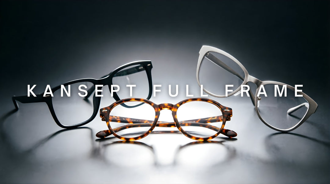 FuzWeb Kansept full frame collection featuring TR90 acetate stainless steel reading glasses in square round and cat-eye styles on deep charcoal gradient background with soft backlit rim lighting