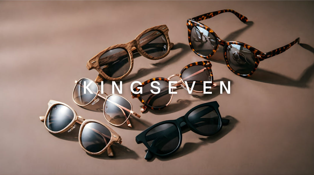 FuzWeb KINGSEVEN sunglasses collection featuring polarized wood acetate and alloy frames in cat-eye and classic styles on terracotta-gray studio background with dramatic side lighting