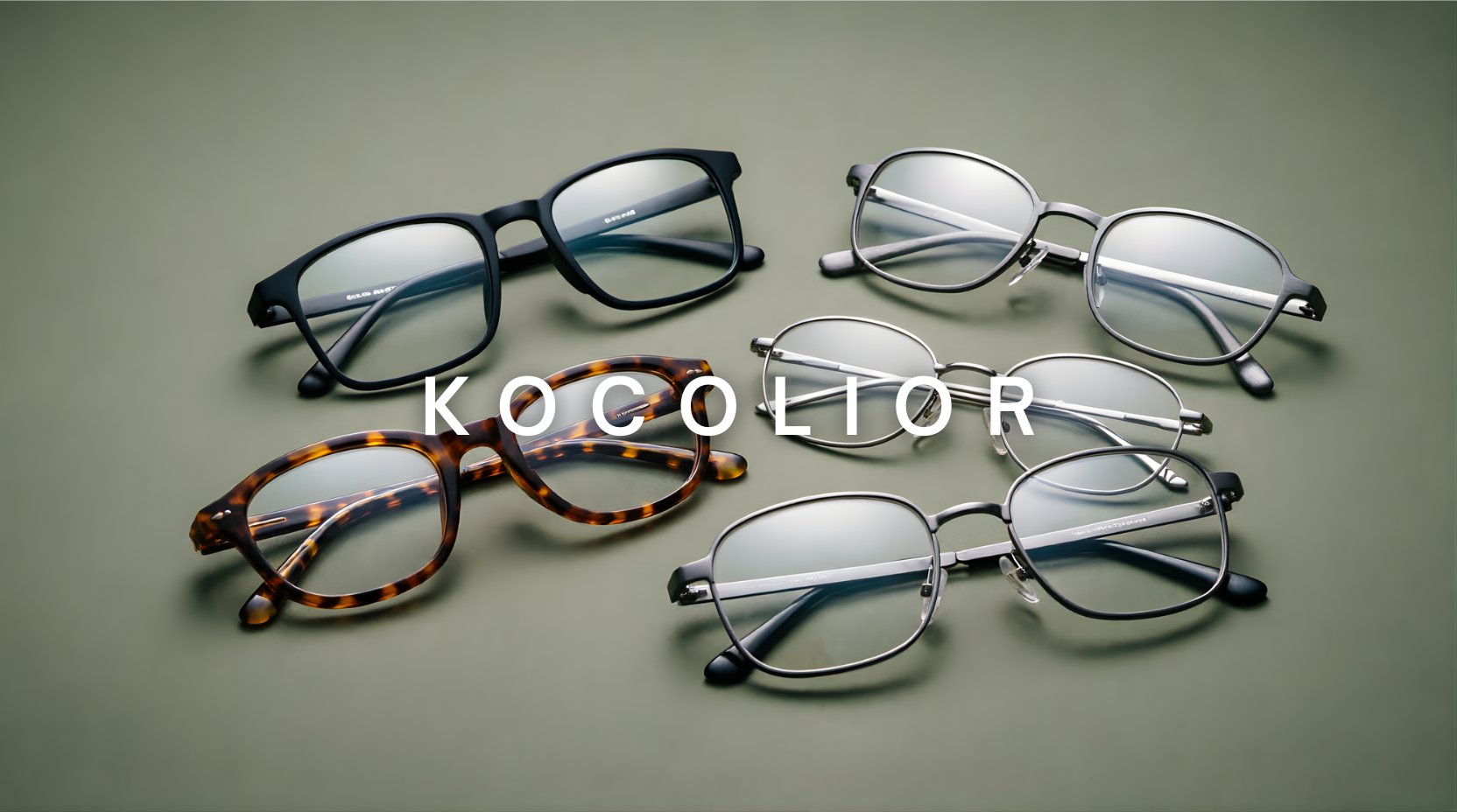 FuzWeb Kocolior collection featuring titanium alloy reading glasses in square oval double bridge flat top and rimless styles on soft olive-gray studio background with overhead lighting