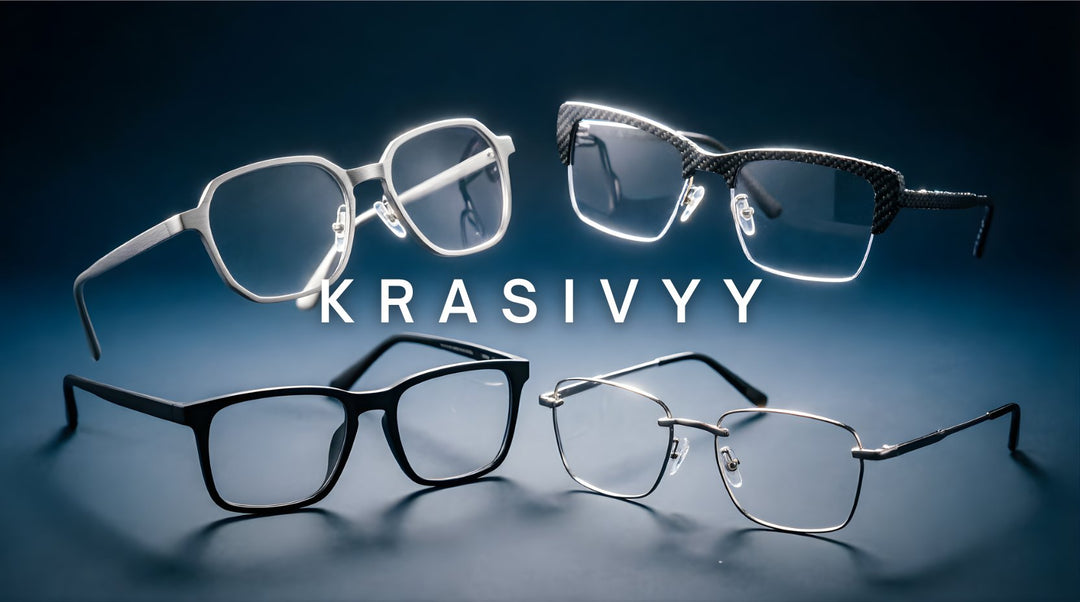 FuzWeb Krasivyy eyeglasses collection featuring titanium carbon fiber polygon rimless square and cat-eye frames on deep navy blue-gray studio background with dramatic backlighting