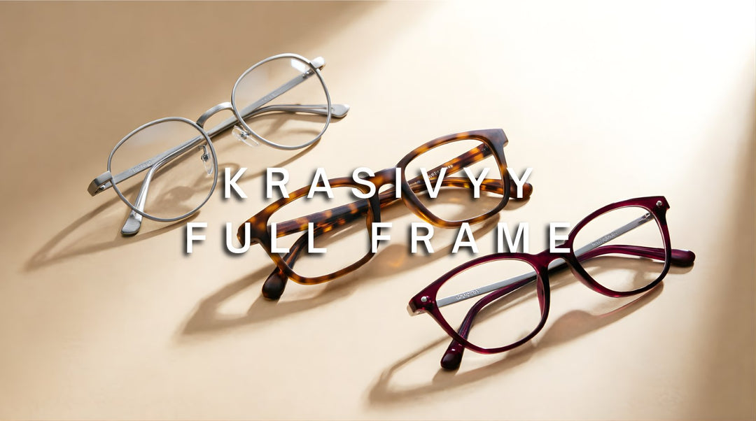 FuzWeb Krasivyy full frame collection featuring titanium and acetate eyeglasses in round square and cat-eye styles on light sand-beige studio background with soft angled lighting