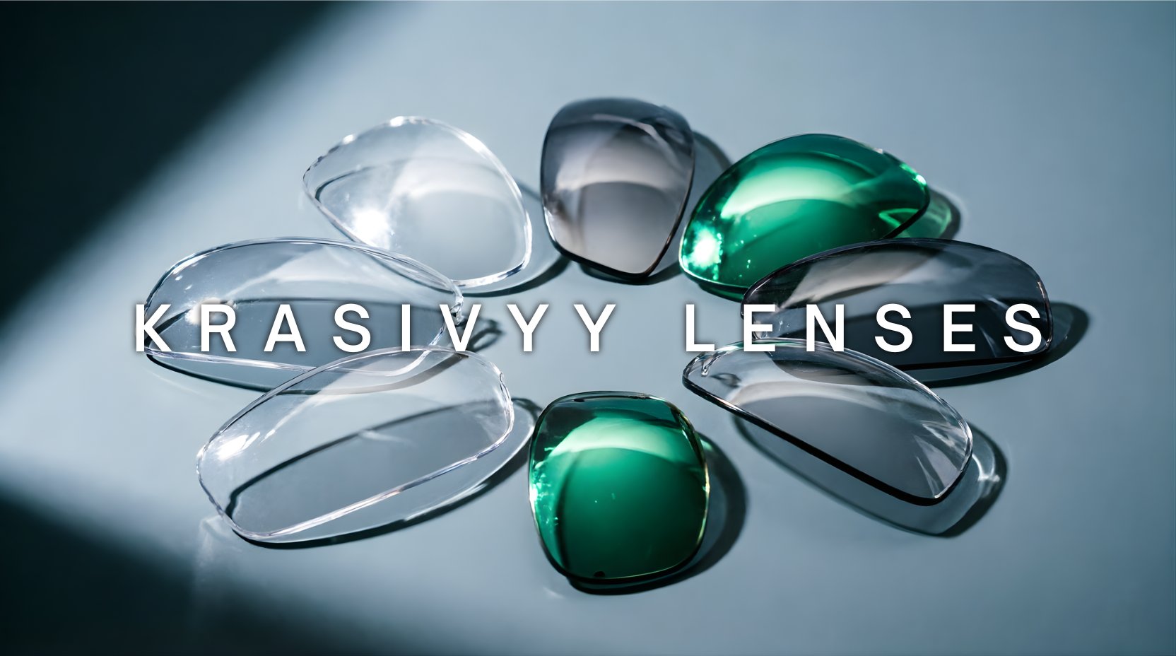 FuzWeb Krasivyy lenses collection featuring photochromic anti-fog anti-glare and hard green coated lenses in single vision and progressive styles on slate-blue studio background with dramatic side lighting