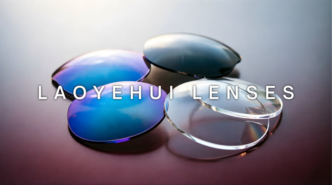 FuzWeb Laoyehui lenses collection featuring photochromic anti-blue light aspheric and single vision lenses on deep burgundy-gray studio background with soft back-left lighting