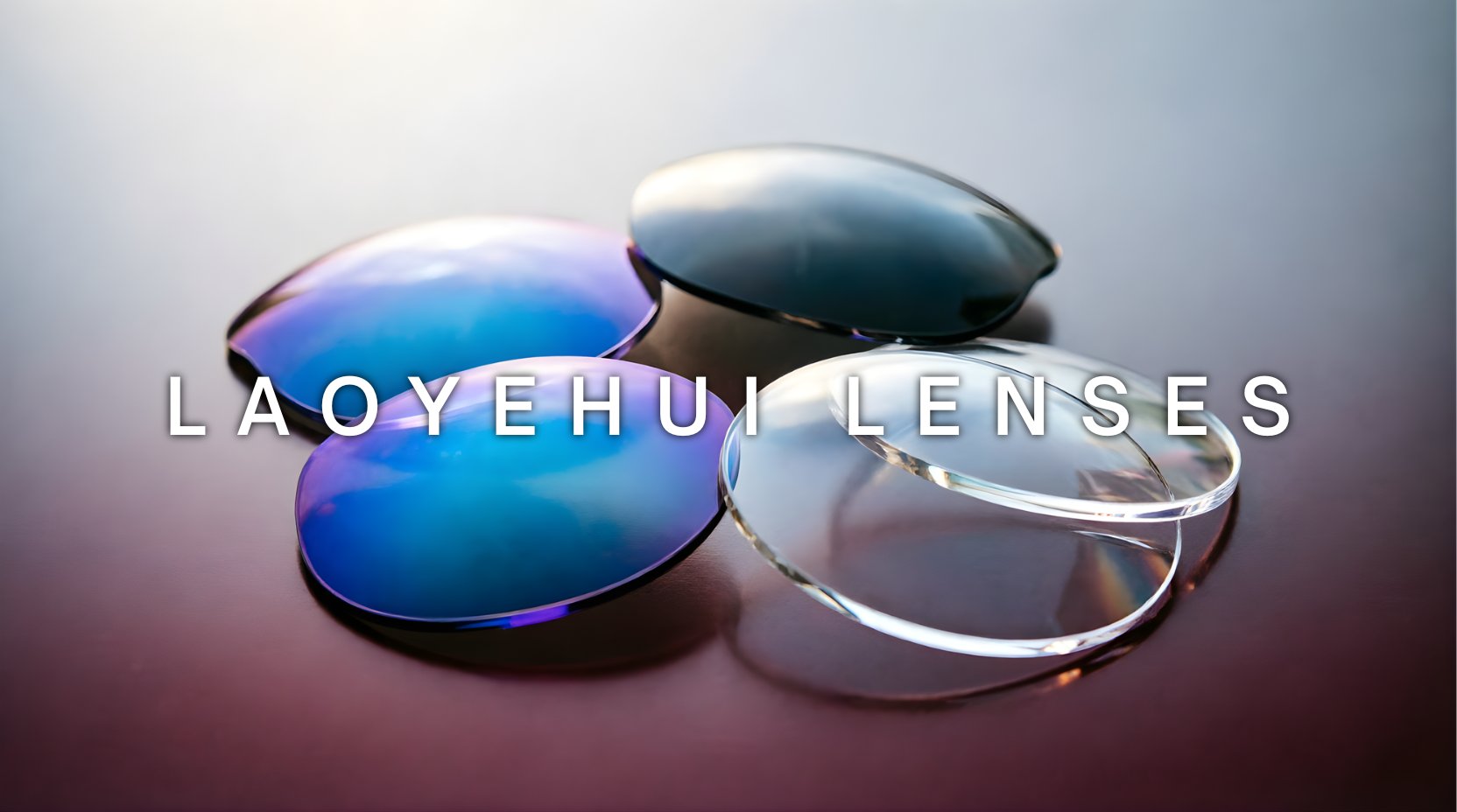 FuzWeb Laoyehui lenses collection featuring photochromic anti-blue light aspheric and single vision lenses on deep burgundy-gray studio background with soft back-left lighting