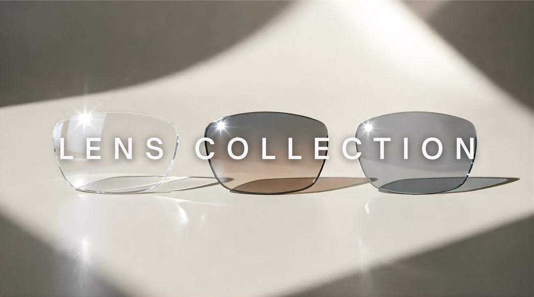 FuzWeb premium lens collection featuring polarized photochromic and high-index single vision lenses on light cream-gray studio background with dramatic top-right lighting
