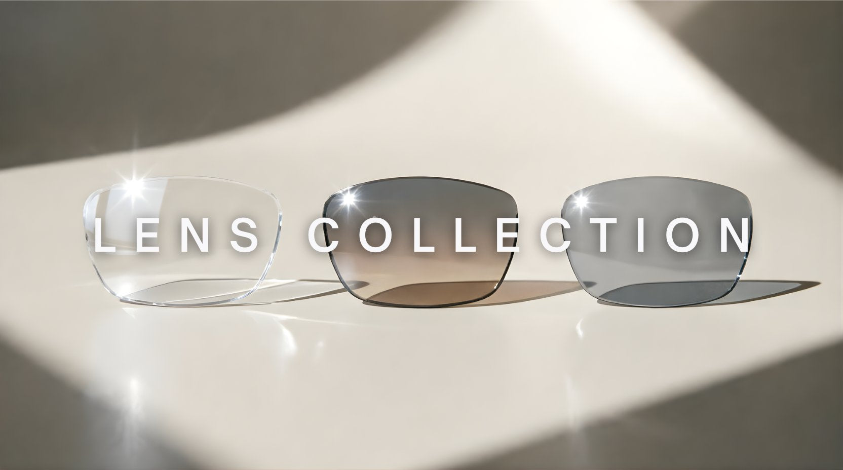 FuzWeb premium lens collection featuring polarized photochromic and high-index single vision lenses on light cream-gray studio background with dramatic top-right lighting