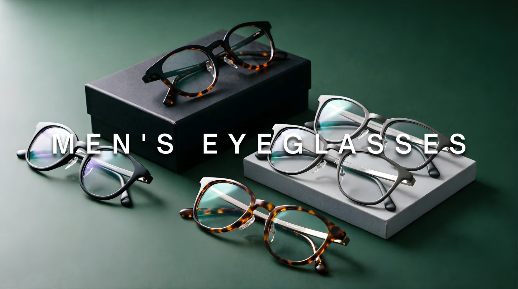 FuzWeb men's eyeglasses collection featuring acetate and titanium alloy frames in round and square full-rim and semi-rim styles on deep forest green-gray studio background with soft side-left lighting