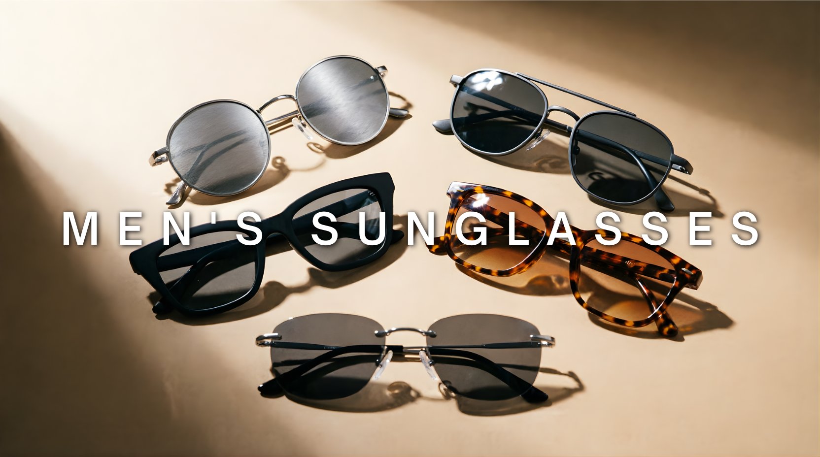FuzWeb men's sunglasses collection featuring titanium acetate and alloy polarized sunglasses in round square cat-eye and rimless styles on sandy beige studio background with dramatic side-right lighting