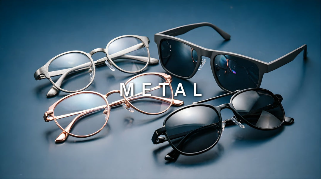 FuzWeb metal collection featuring TR90 alloy and sheet metal eyeglasses and sunglasses in round square cat-eye and telescopic styles on steel-blue gray studio background with soft overhead lighting